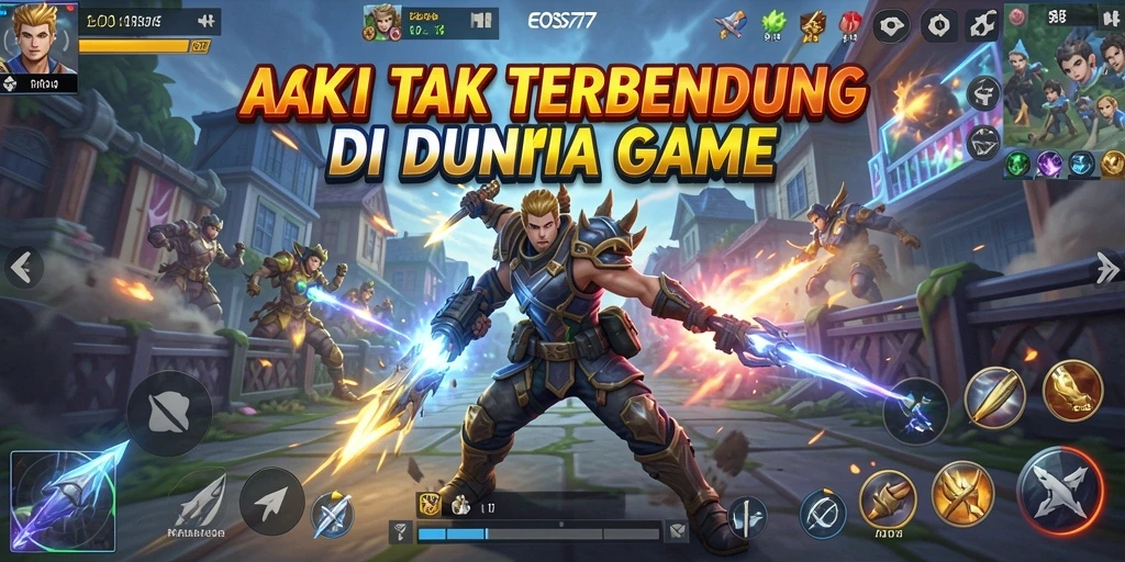 Tangkapan layar utama EOS77 menampilkan pertarungan seru dengan karakter dinamis.
