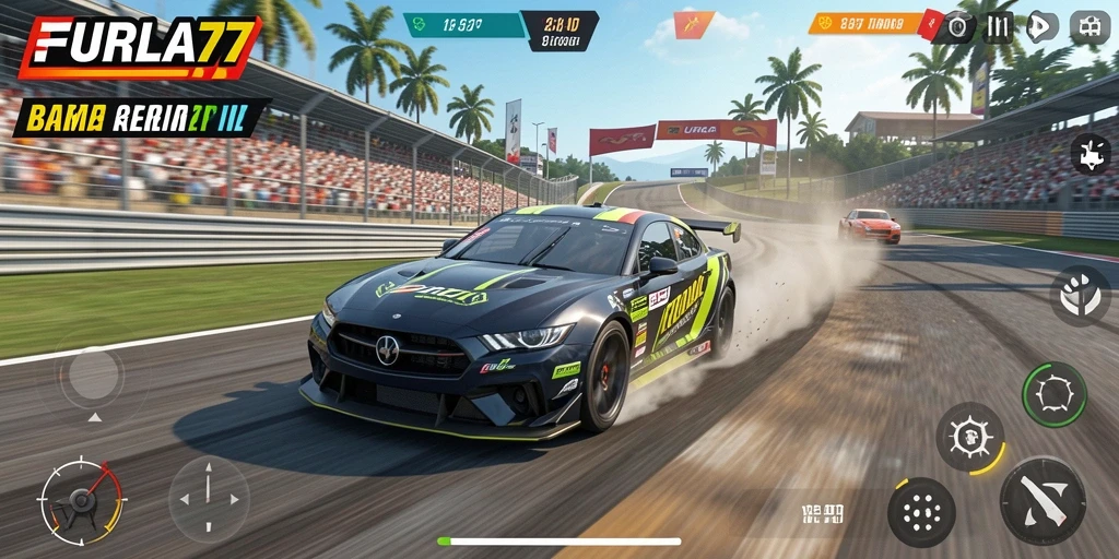 Screenshot gameplay FURLA77 menampilkan aksi balapan yang mendebarkan.