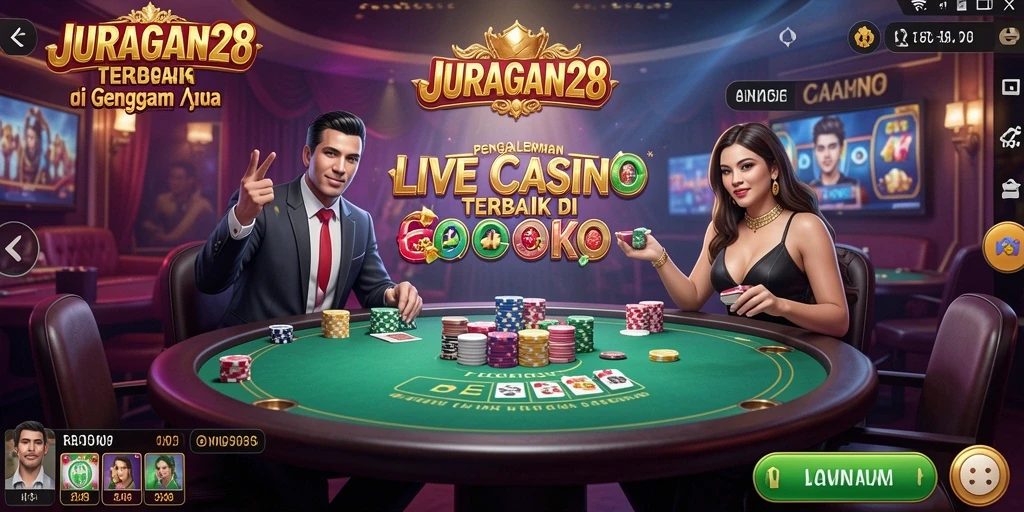 Tampilan utama JURAGAN28 menunjukkan dealer profesional dalam sesi Live Casino yang seru.