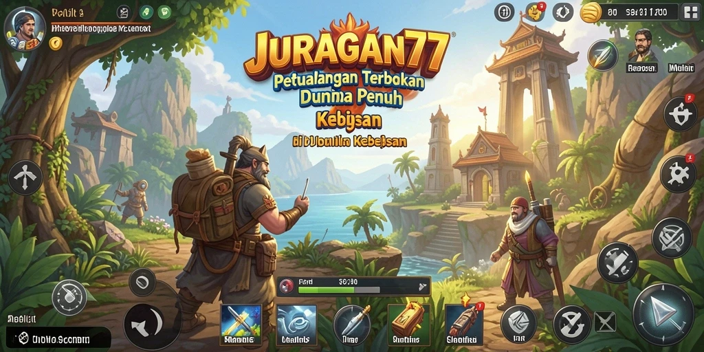 Tampilan gameplay JURAGAN77 yang menunjukkan kebebasan jelajah dunia terbuka.