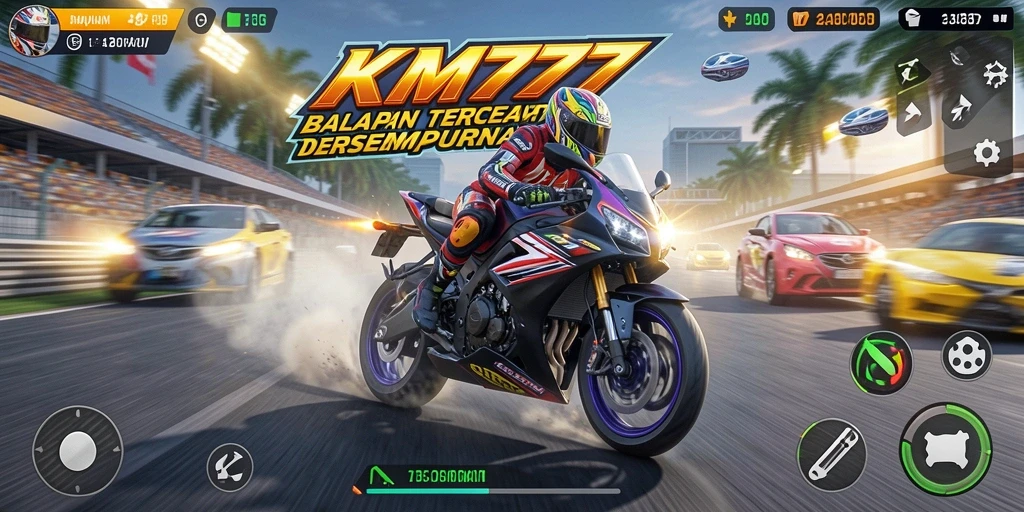Tampilan gameplay KM777 yang mendebarkan saat balapan motor.