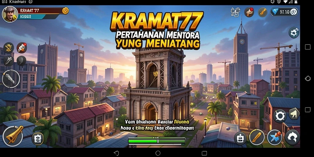 Screenshot gameplay KRAMAT77 menunjukkan menara bertahan yang siap melawan gelombang musuh.