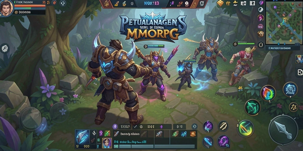 Screenshot gameplay seru dari NOX123 yang menampilkan karakter bertarung di dunia fantastis.