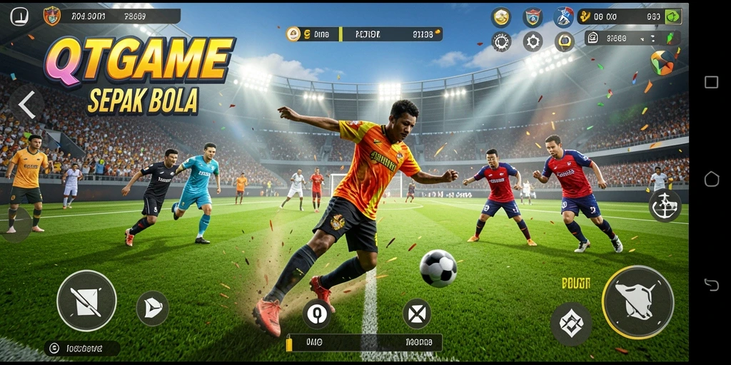 Tampilan gameplay QTGAME yang penuh aksi dan tantangan sepak bola.